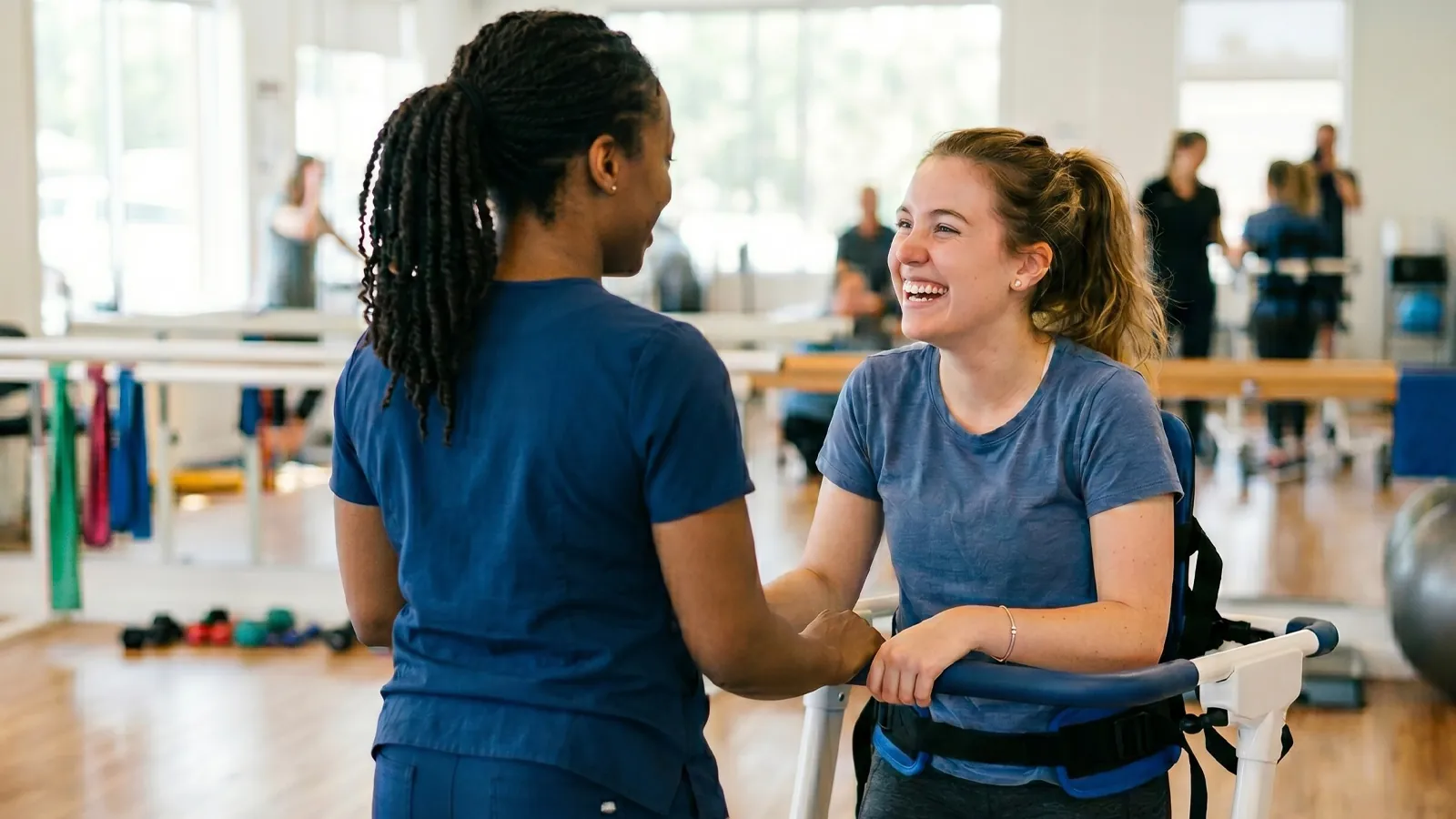 A rehabilitation clinician laughs with a patient using a gait trainer in a therapy gym.